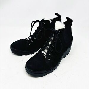 Eileen Fisher Black Suede Lamb Sherpa Fur Lace Up Boots‎ Womens Size 7